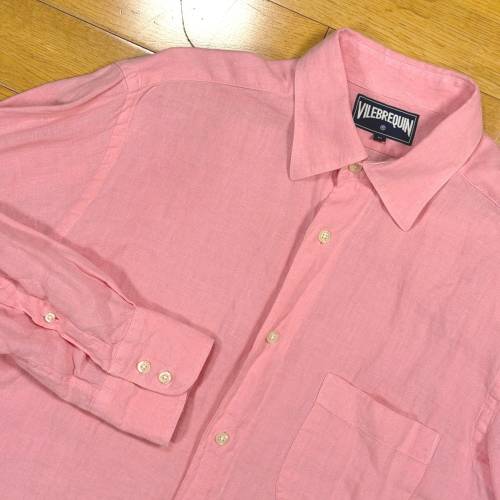 Vilebrequin Mens Pink 100% Linen Long Sleeve Button Down Shirt Size M Pocket